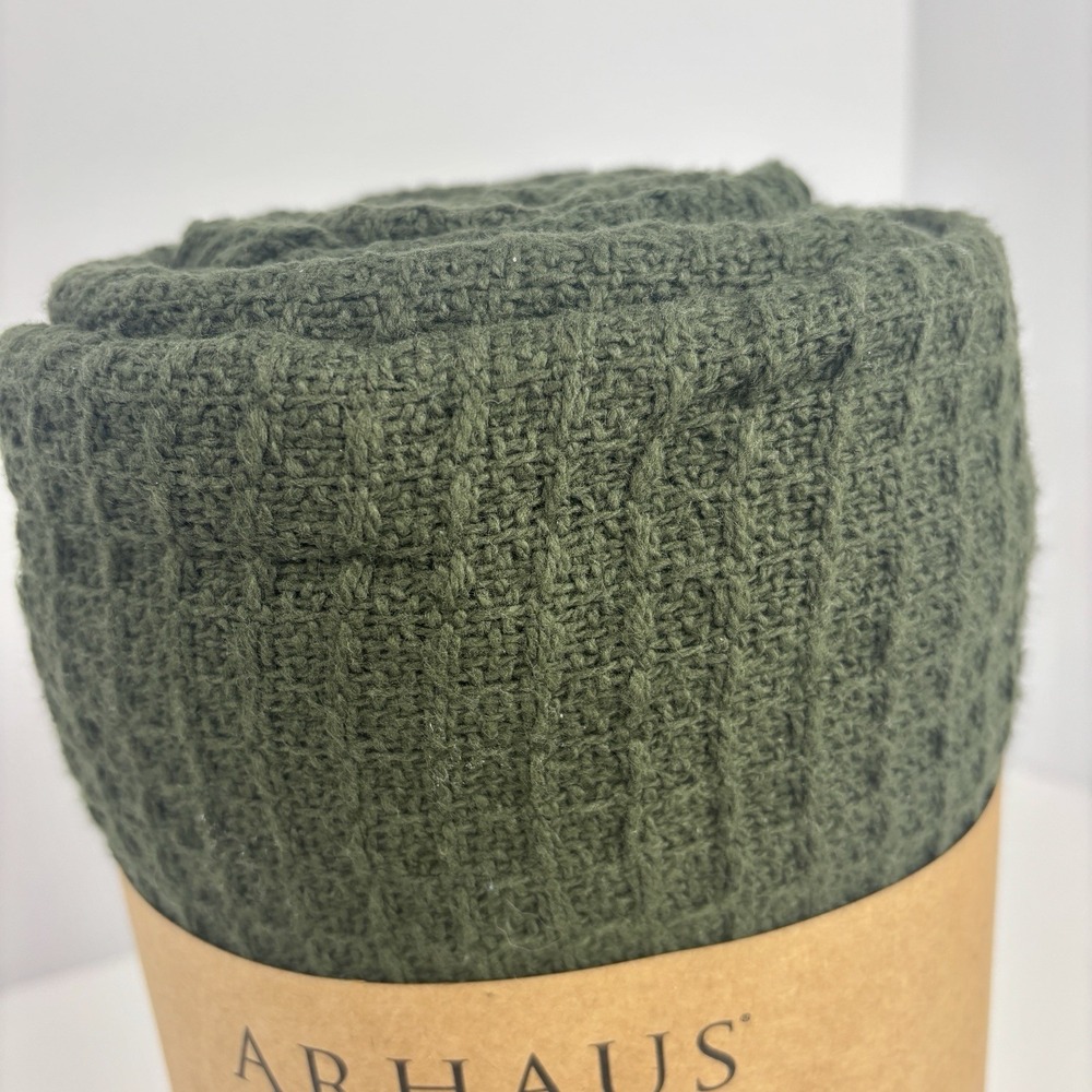 ARHAUS Waffle Knit Throw Blanket Dark Green 100% Cotton NEW 50 X 60 - Picture 4 of 4